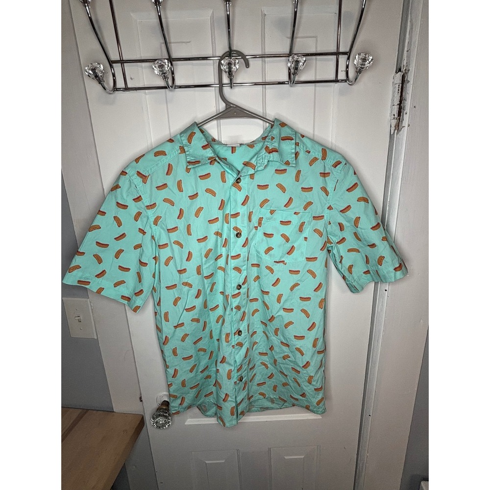 Falls Creek Boys XL 14/16 Hot Dog Print Short Sleeve Button Down Shirt Mint